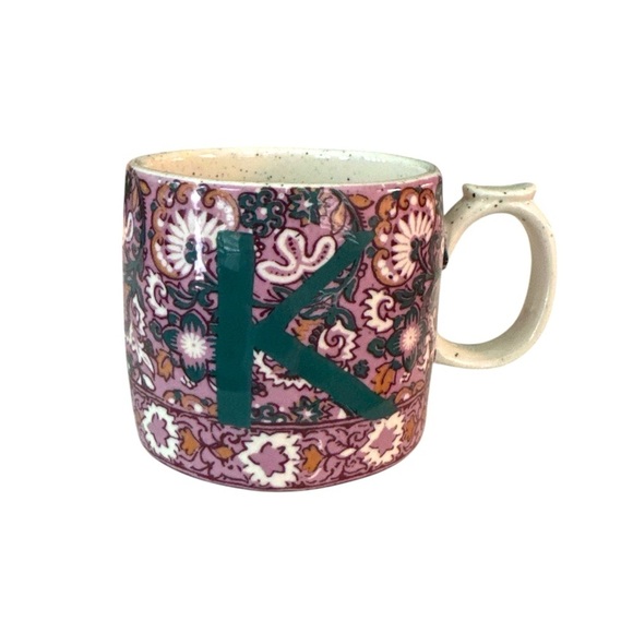 Anthropologie Block Printed Monogram Initial K Purple Green Floral Coffee Mug - Picture 7 of 7